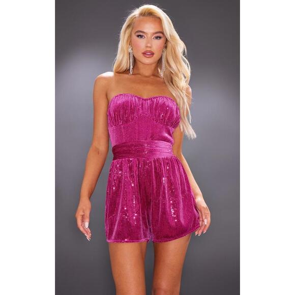 Pretty Little Thing Hot Pink Velvet Sequin Romper - NEW WITH TAGS - Picture 1 of 5